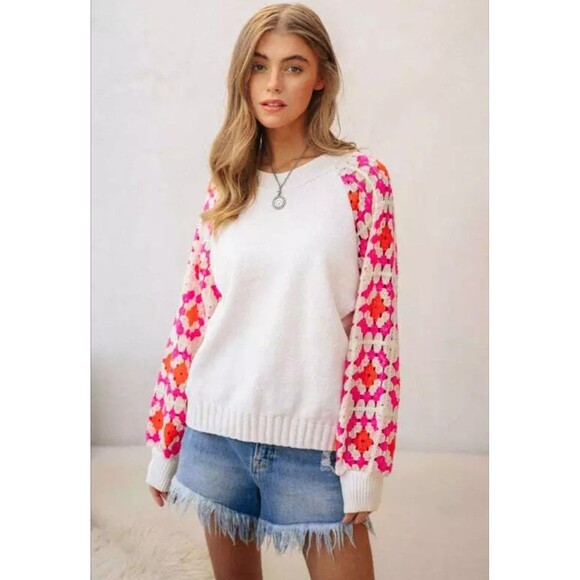 Davi & Dani Womens Granny Square Crochet Sweater 1XL XL 1X White Pink Orange - Picture 2 of 14